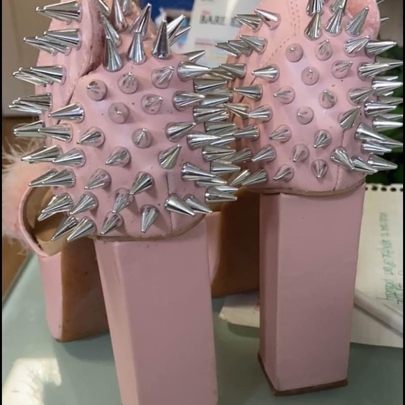 Dolls Kill Sugarbaby brand pink platforms with feathers and studs - Picture 3 of 3